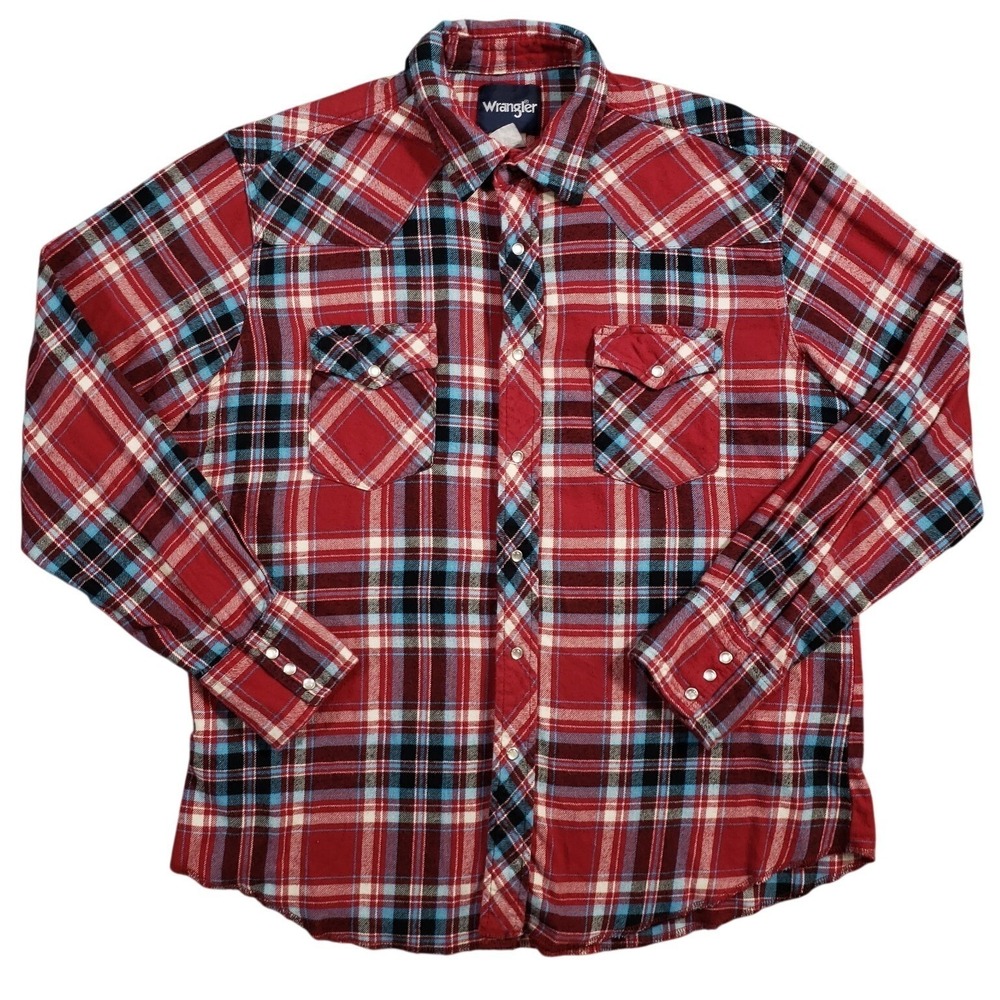 Wrangler Flannel Shirt Mens Large Red Blue‎ Plaid Vintage Pearl Snap Button Up